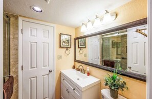 Combined shower/bathtub, hair dryer, towels, shampoo
