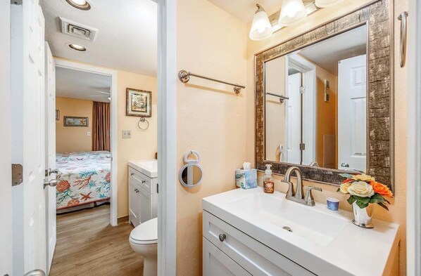 Combined shower/bathtub, hair dryer, towels, shampoo