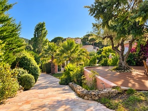 Un chemin de pierre traverse un jardin luxuriant, où l’on trouve différentes espèces d’arbres et d’arbustes. Le jardin est entouré d’un mur de pierre et bordé d’une terrasse en bois.