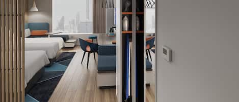 A modern hotel room with a bed, seating area, and a view of the city.