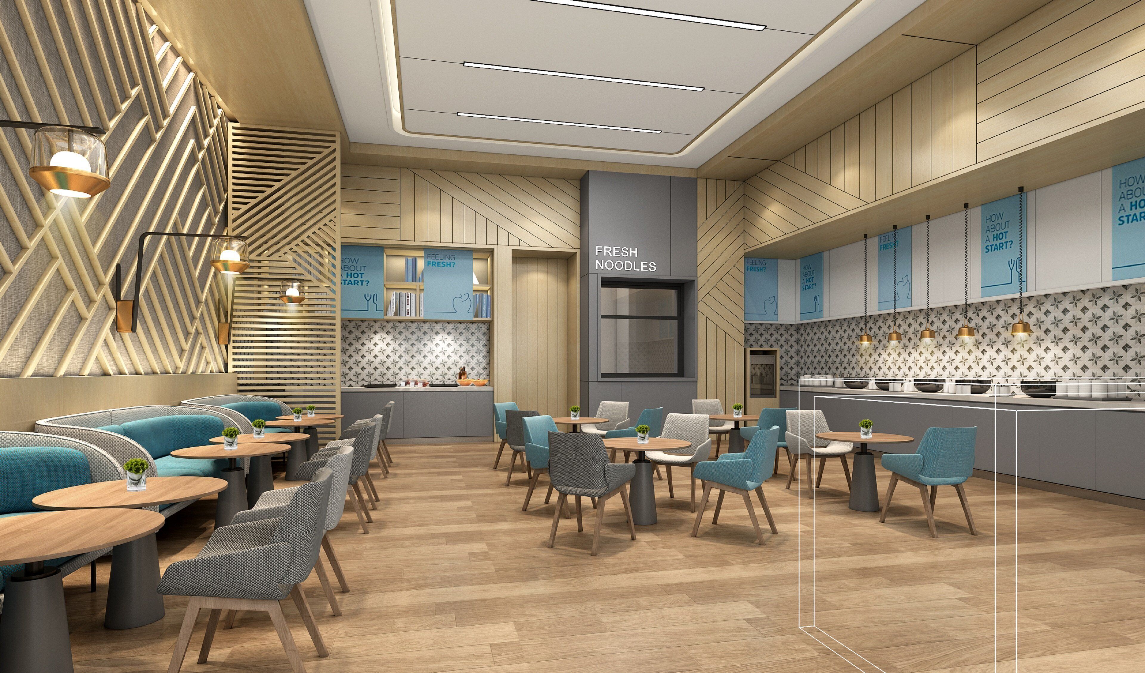 A modern restaurant interior with a central bar area, seating arrangements, and a kitchen visible in the background.