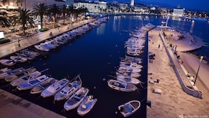 A marina with numerous boats docked, a promenade with palm trees, and buildings in the background.