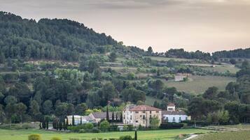 Paisaje rural con una construcción grande rodeada de campos y árboles.