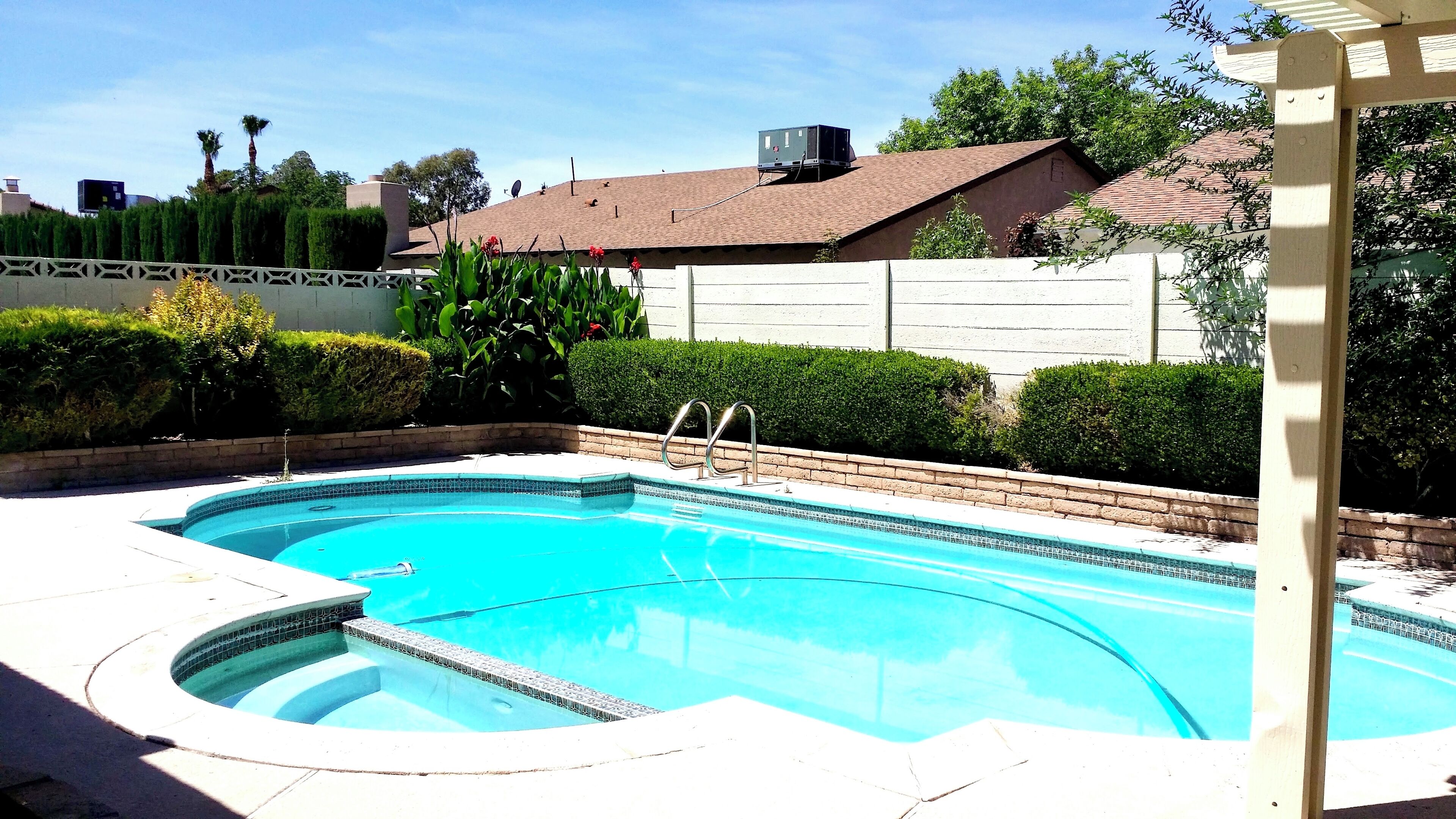 A rectangular swimming pool with a built-in ladder, surrounded by a brick wall and greenery.