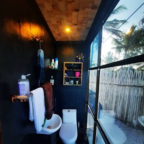 Shower, towels, soap, toilet paper