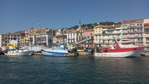 Ein Hafen mit anlegenden Booten, ein markanter Kirchturm und bunte Gebäude im Hintergrund.