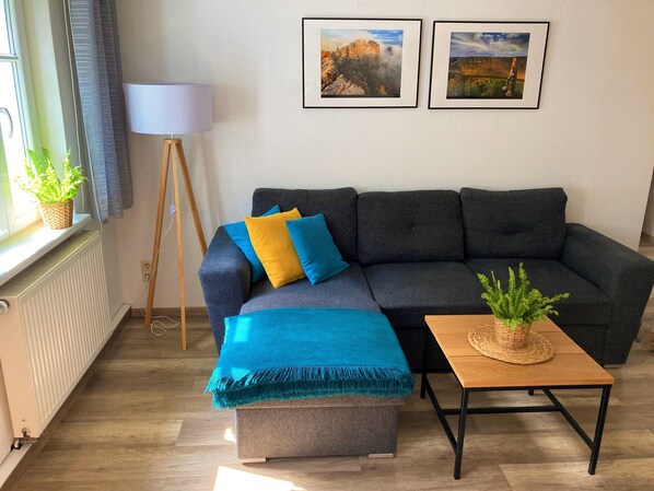A living room with a dark grey sofa, a blue and yellow throw blanket, a wooden coffee table with a plant, and two framed pictures on the wall. - Modern furn. Apartment "Wanderfalke", central & quiet, Säch. Switzerland, 55sqm, terrace (Königstein)
