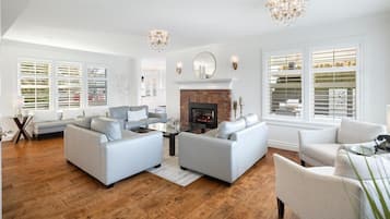 Smart TV, fireplace, books, computer monitors