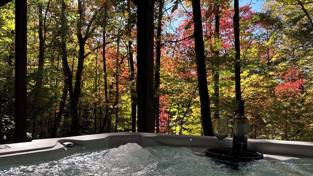 Un jacuzzi rodeado de árboles con follaje otoñal.
