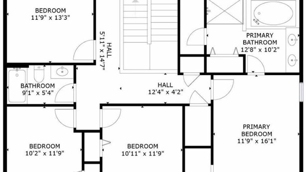 Plano de planta que muestra una sala de estar, dos dormitorios, un baño, un vestíbulo y un baño principal.