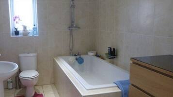 Combined shower/tub, deep soaking tub, hair dryer, towels