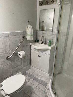 Ein Badezimmer mit Toilette, Waschbecken und Dusche.