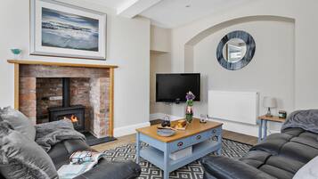 Smart TV, fireplace, DVD player, stereo