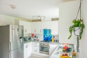 A modern kitchen with white cabinets, stainless steel appliances, a blue backsplash, and a hanging plant.