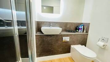 Shower, hair dryer, towels, toilet paper