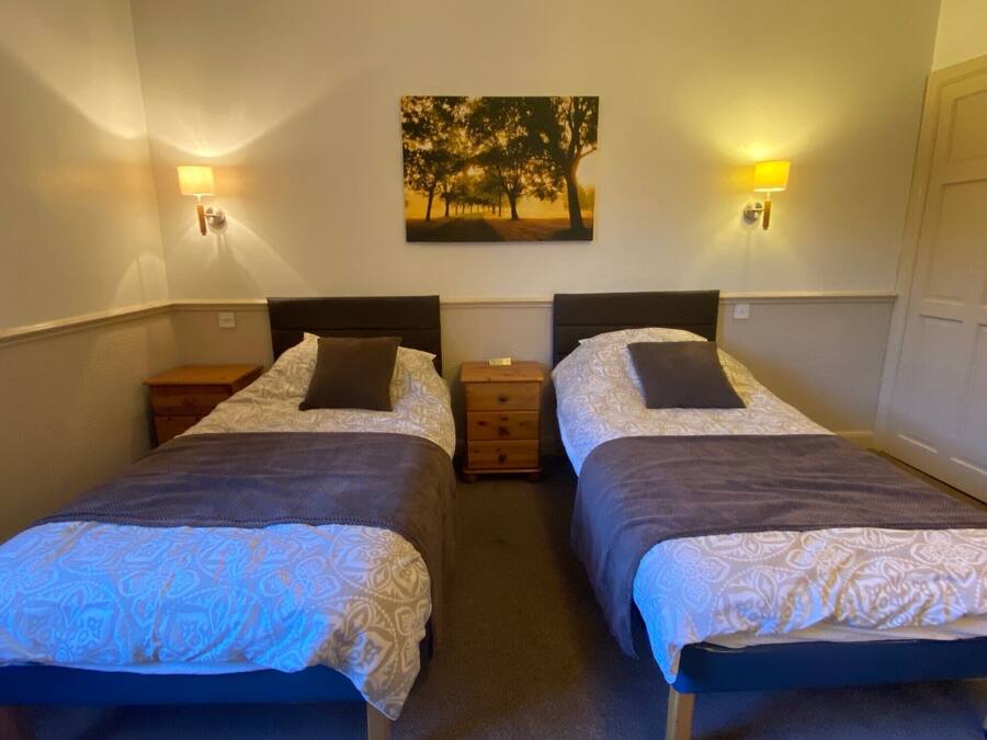 Une chambre double avec deux lits, chacun doté d’une tête de lit, de tables de chevet et de lampes. Un tableau représentant des arbres est accroché au mur au-dessus des lits.