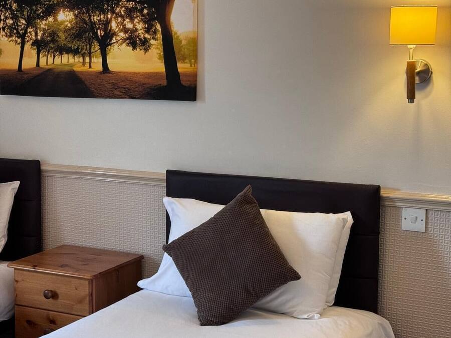 A hotel room with a large bed, a nightstand, a lamp, and a painting of trees on the wall.
