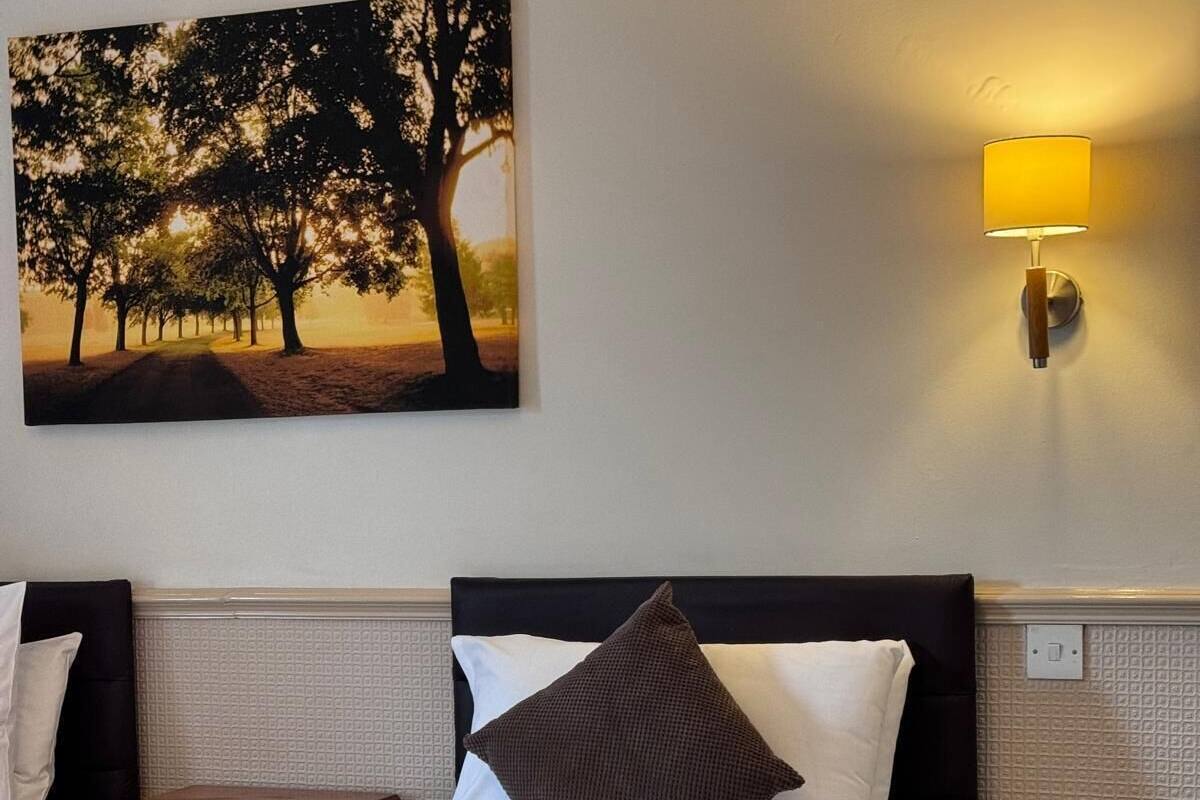 A hotel room with a large bed, a nightstand, a wall-mounted lamp, and a painting of trees.