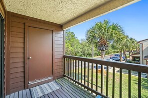 A wooden door with a doorknob, a wooden deck, and a view of a street with palm trees and a parked car.