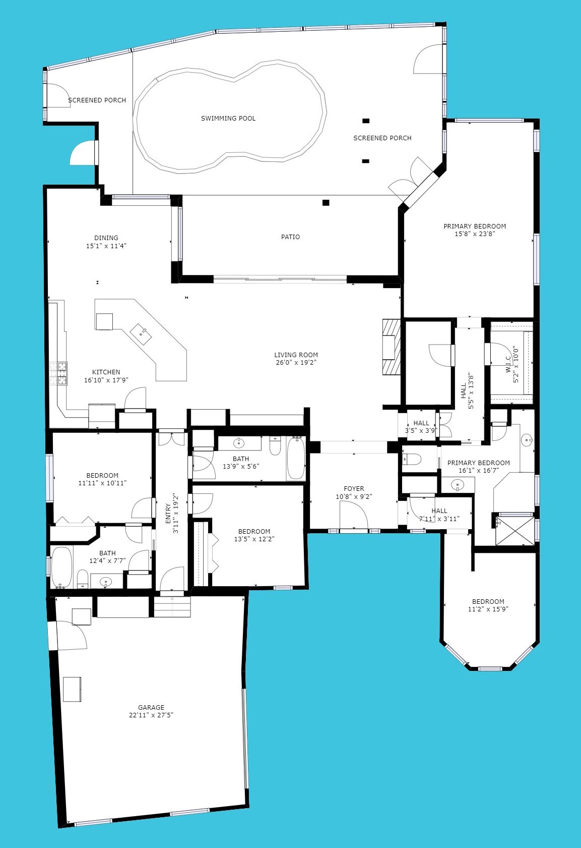 Pianta di una casa con piscina, veranda riparata, zona pranzo, cucina, diverse camere da letto, bagni, ingresso e garage.