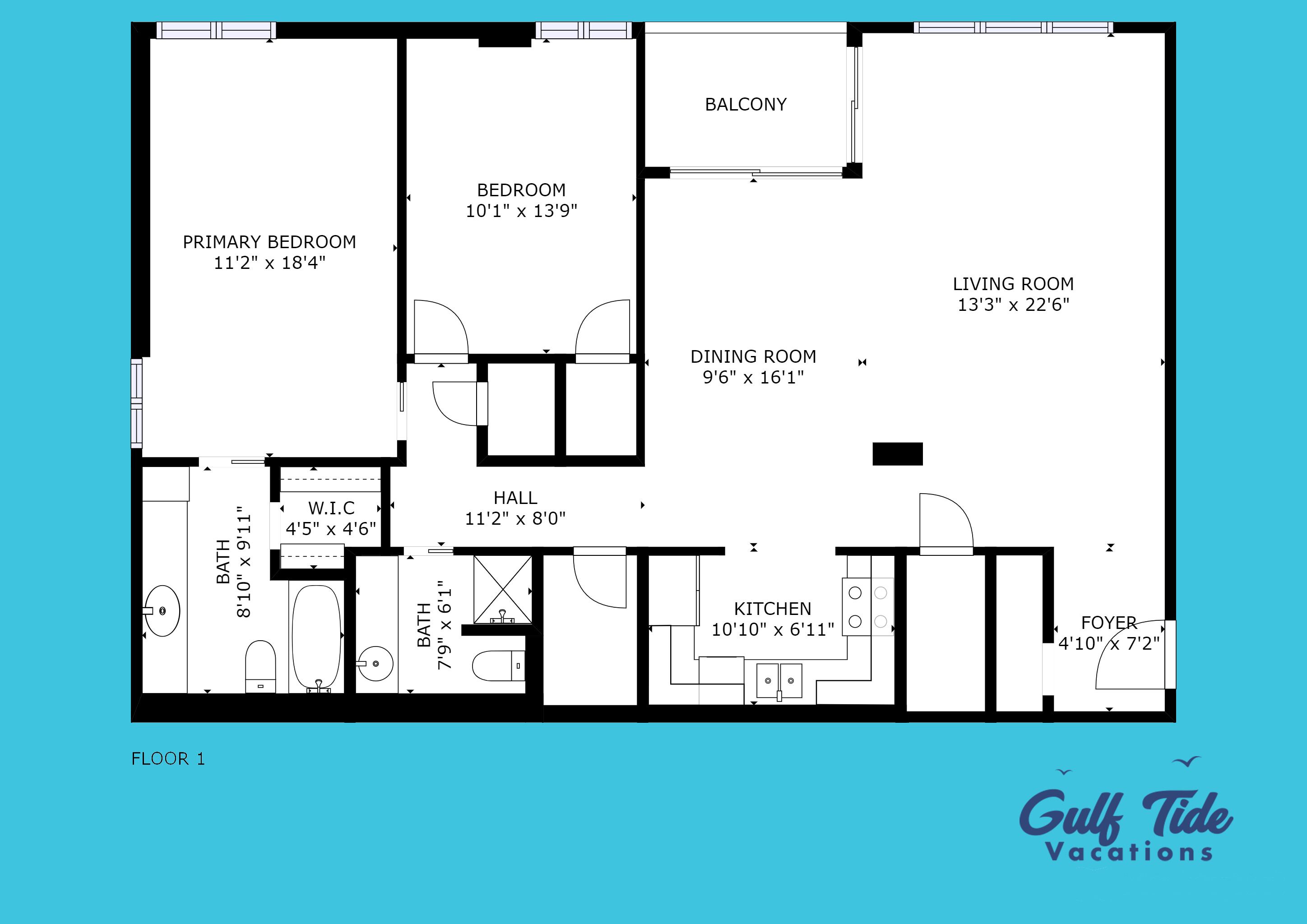 A floor plan of a hotel with a primary bedroom, balcony, living room, dining room, kitchen, foyer, and two bathrooms.