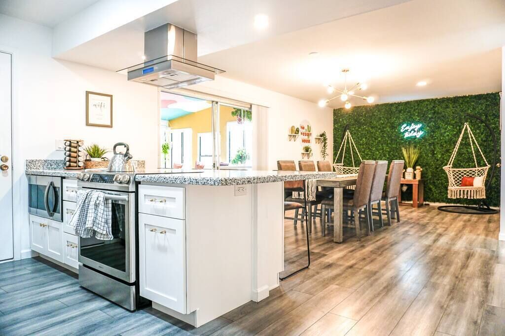 Fridge, microwave, coffee/tea maker, cookware/dishes/utensils