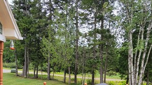 A wooden deck with a black object, a railing, and a view of trees. - Naini's Rental, 4 bedrooms, located on Deer Island, N.B. 5 mins from the water. (Lords Cove)