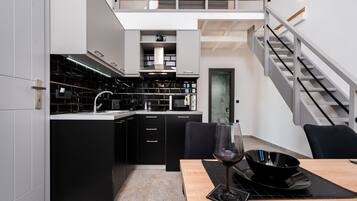 Premium Villa | Private kitchen | Fridge, microwave, stovetop, espresso maker