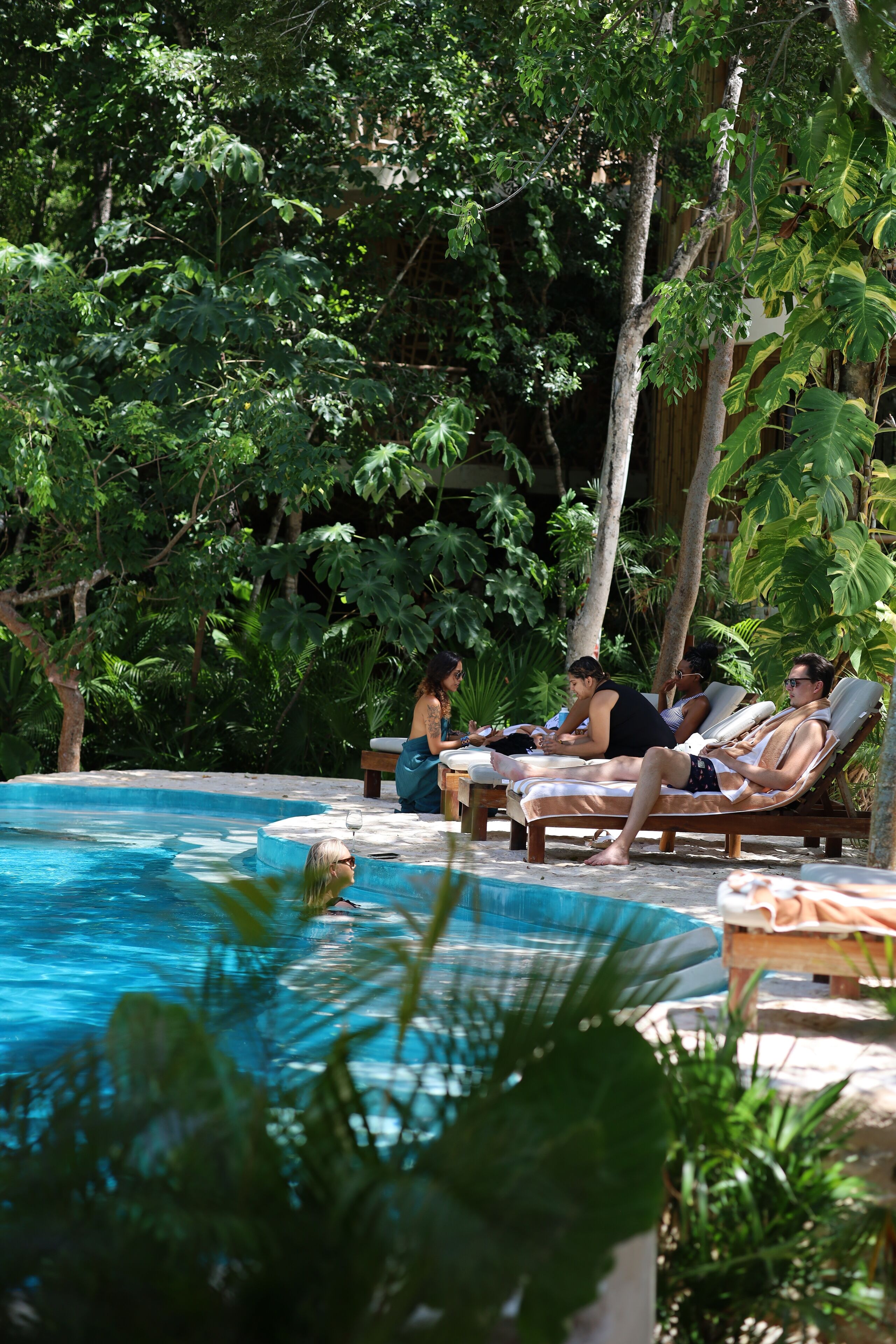 A poolside area with lounge chairs and a swimming pool surrounded by lush greenery.