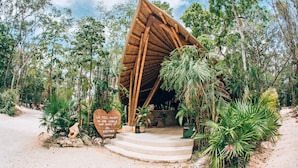 Une construction rustique en bois, dotée d’un toit en pente et entourée d’une végétation luxuriante.