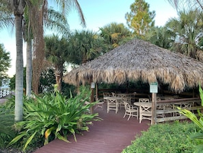 Relax in a serene, thatched-roof pavilion surrounded by lush tropical vegetation.