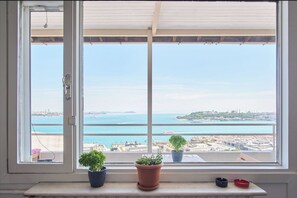 Una ventana con vista a un paisaje urbano costero, dos macetas con plantas en el alféizar y una pequeña bandeja con objetos.