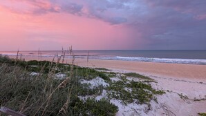 Una spiaggia con dune sabbiose e vegetazione rada.