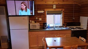 A cabin-style kitchen with a wooden interior, a television mounted above the refrigerator, a microwave, a coffee maker, and a stove.