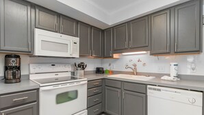 A modern kitchen with grey cabinets, a white microwave, a stove, and a dishwasher. - Oceanfront Holiday Getaway (North Myrtle Beach)