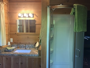 Shower, towels, soap, toilet paper