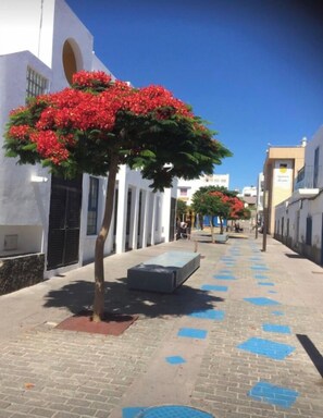 A paved street with a tree and a bench, buildings with white facades, and a clear blue sky. - Beautiful Beachfront APTMTO at waters edge with stunning Ocean and Harbour views (Corralejo)