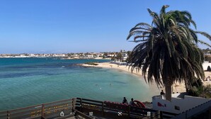 A coastal view with a beach, palm trees, and a clear sky.