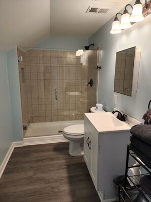 Shower, hair dryer, towels, soap - Harrison Hotel  Unit G2 Pet Friendly  STEEP STAIRS! 3rd story Studio apartment.
 (Garden City)