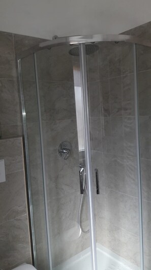 Combined shower/bathtub, bidet, towels, soap