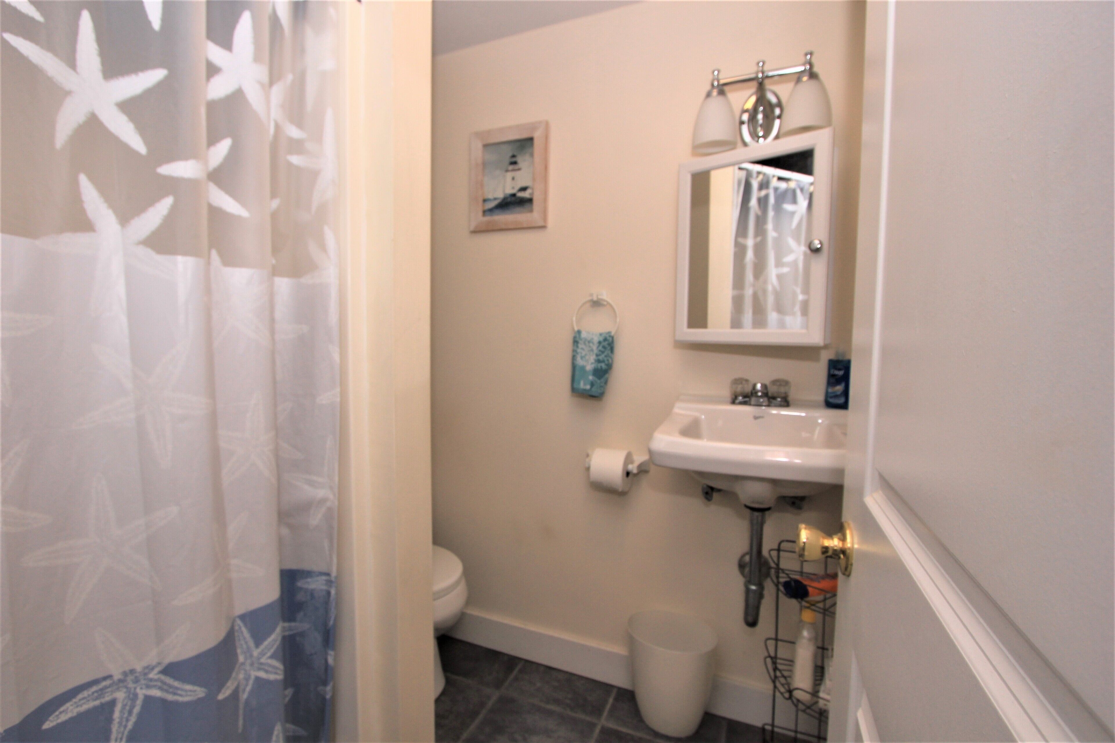 A bathroom with a toilet, sink, and shower curtain.
