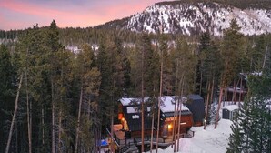 Une cabane entourée de grands pins, avec une montagne enneigée en arrière-plan.