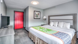 A hotel room with a bed, a television, a red door, a framed picture, and a nightstand with a lamp.