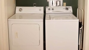 Une buanderie équipée de deux machines à laver et de deux sèche-linge à chargement frontal, tous deux de couleur blanche. Une étagère au-dessus abrite une plante et une bouteille, et un meuble en bois se trouve à gauche.