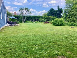 A backyard with a patio, a grill, and a variety of plants and trees.