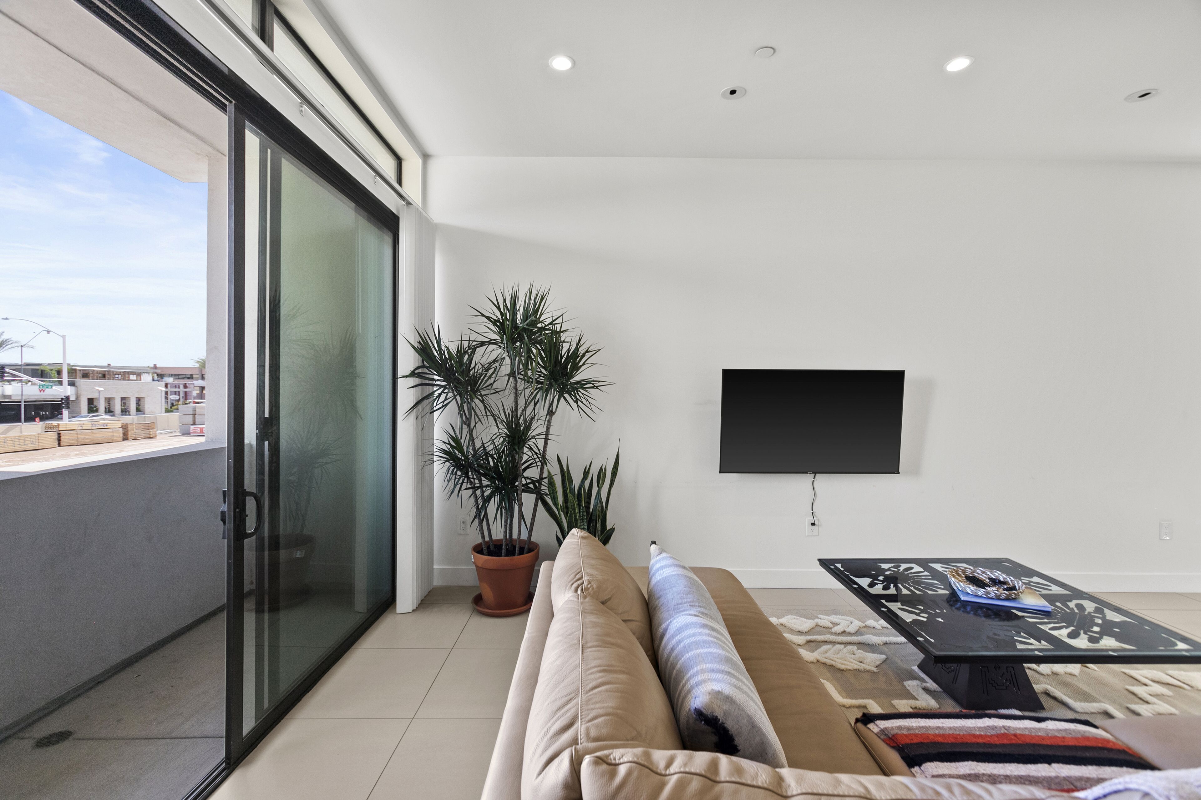 A modern living room with a sliding glass door, a large potted plant, a sofa, a coffee table, and a flat-screen TV mounted on the wall.
