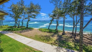 Une propriété située en bord de mer, avec un chemin pavé menant à l’océan, entourée d’arbres et offrant une vue dégagée sur la mer.