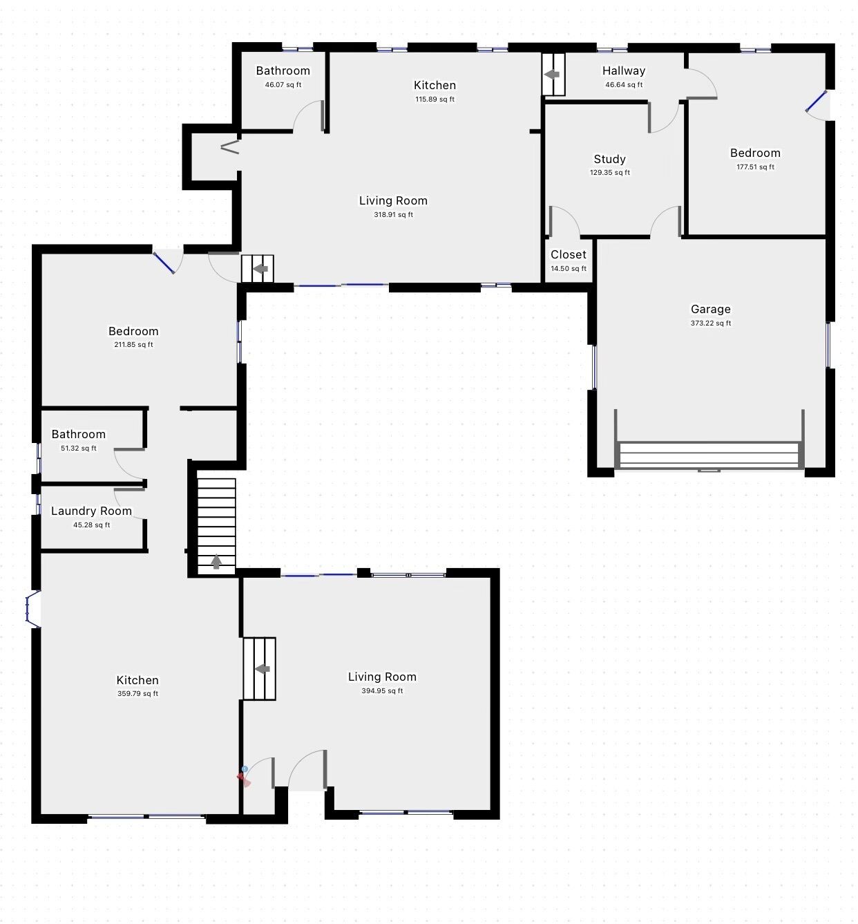 Plano de planta que incluye un dormitorio, baño, lavandería, cocina, sala de estar, estudio, pasillo, armario y garaje.