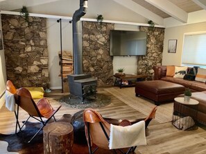 Smart TV, fireplace, foosball, books