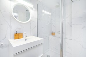 Shower, hair dryer, towels, soap